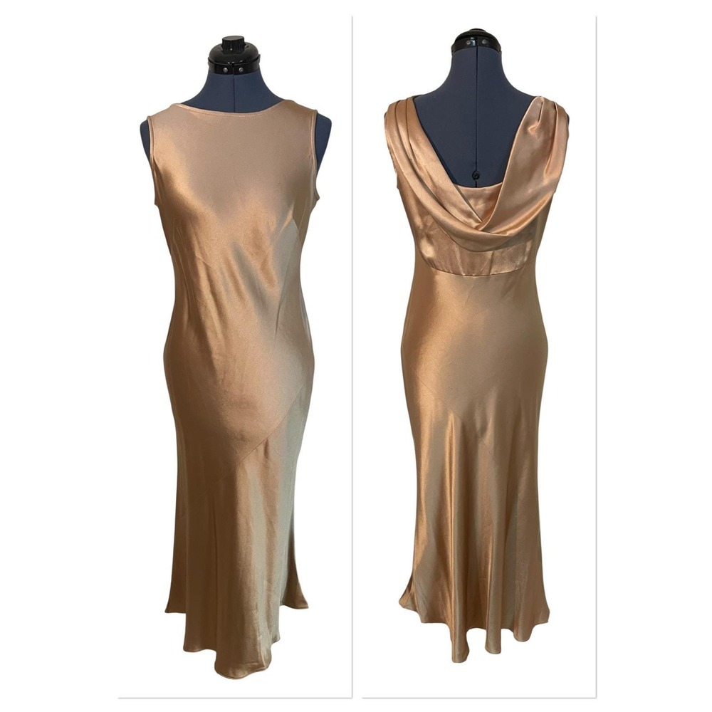 Vtg Jones New York Evening Gold Satin Cowl Back Maxi Slip Dress Luxury Glam 10P